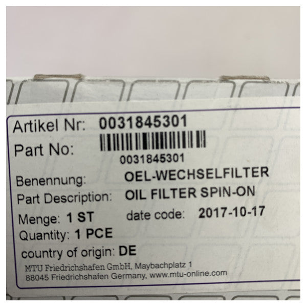 MTU original skruvbart oljefilter svart - 0031845301