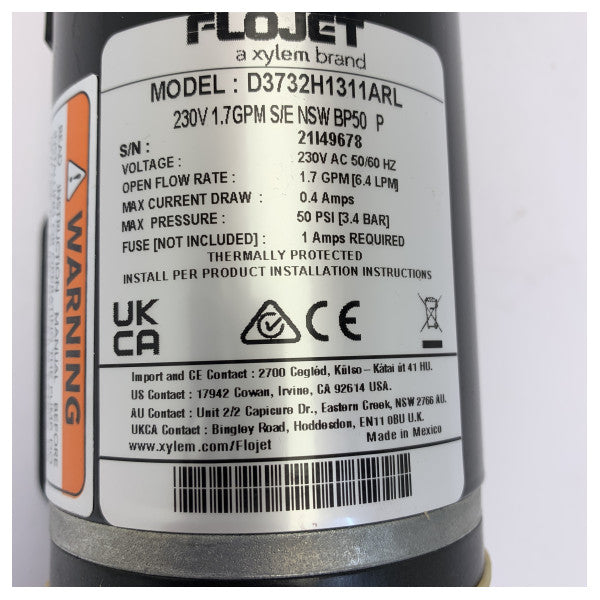 Flojet Diaphragm Pump Duplex II 6.4L/m - 60 PSI - D3732H1311ARL