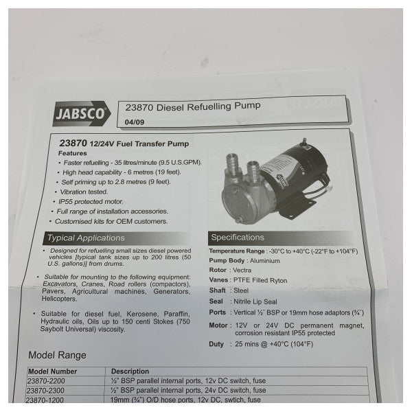 Jabsco 23870-1200 Αντλία καυσίμου ναυτιλίας με ολισθαίνοντα πτερύγια - 12V Puppy - 35lpm