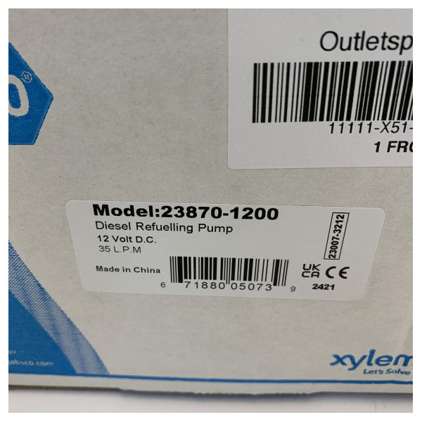 Jabsco 23870-1200 Αντλία καυσίμου ναυτιλίας με ολισθαίνοντα πτερύγια - 12V Puppy - 35lpm