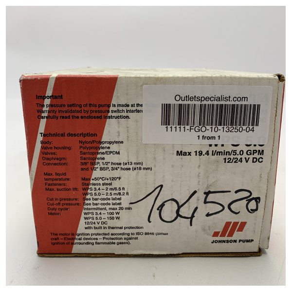 Johnson WPS 3.4 13 L / min Hydrofoor Pompa tal-Ilma Ħelu 24V-10-13250-04
