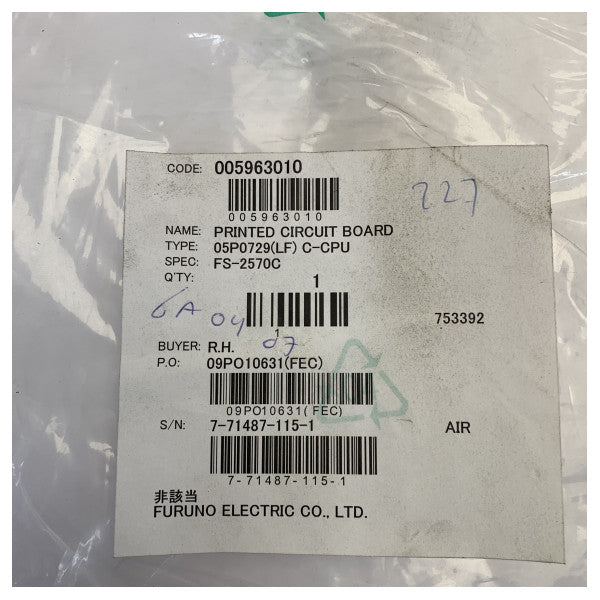 Furuno FS-2570C C-CPU PCB 05P0729(LF) Placa de Controlo de Rádio MF/HF Marítima