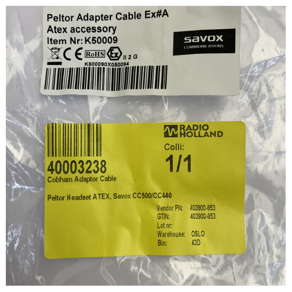 Καλώδιο προσαρμογέα ήχου Cobham Savox K50009 ATEX για συστήματα Peltor