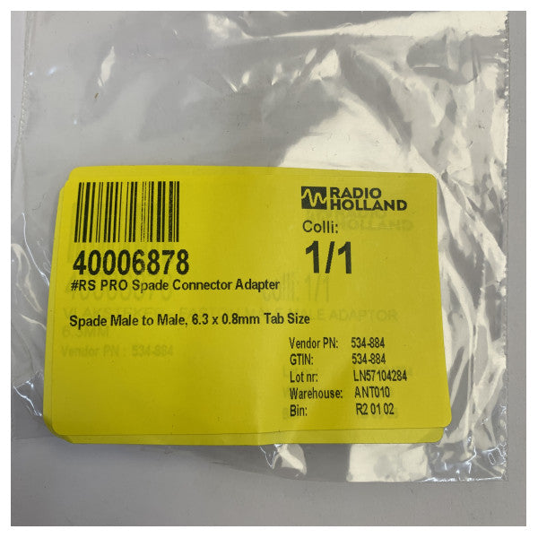 RS PRO Spade Connector Adapter Male to Male 6.3 x 0.8mm Marine Electrical Tab