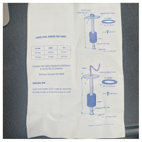 Stainless Steel STD-Type Liquid Level Sensor 240 - 33 Ohm 12V 25 cm - HPYB001/25cm