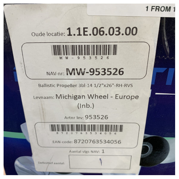 Michigan Ballistic 3-bladet rustfri stålpropel 14 1/2 x 26 RH - 953526