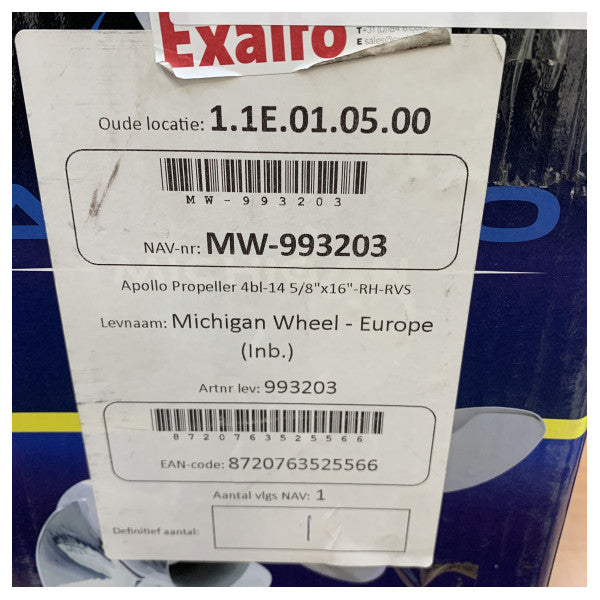 Michigan Apollo 4-blads rustfritt stål propell 14 5/8 x 16 RH - 993203