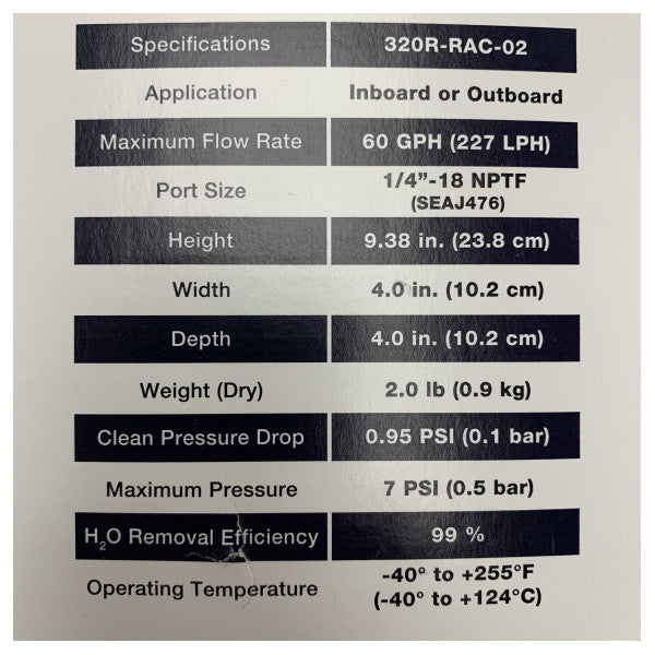 باركر Racor 320R-RAC-02 مرشح وقود بحري وفاصل ماء للمحركات الداخلية والخارجية