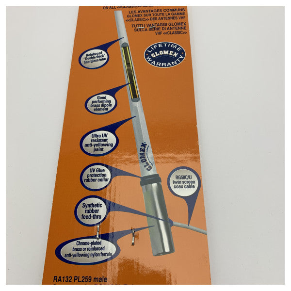 Glomex VHF морска антена 6 dB 2.4 m (8 ft) фибростъклена антена с висок усилвател за яхта