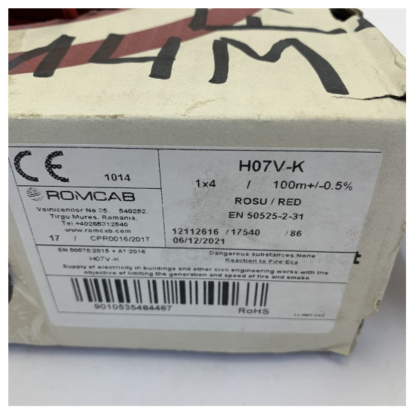 H07V-K 4mm2 Single Core Electrical Cable - Red 100m