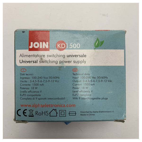 Универсално морско захранване Присъединете се към KD1500 - Регулируем 3-12V DC, 18W, 1500mA с множество конектори