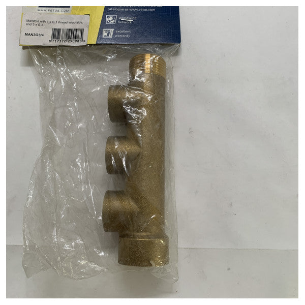 Vetus Brass Marine Manifold 1x G1 a 3x G3/4 para sistemas de agua y combustible - MAN3G3-4