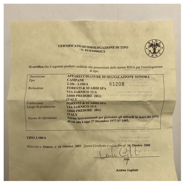 Foresti Suardi Cloche de bateau en laiton 300mm Rina approuvé 94 CROM