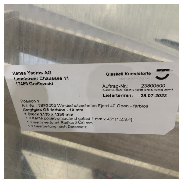 Fjord 40 Open Plexiglass Boat Windshield 2130 x 1280 x 10 mm - TBF2003