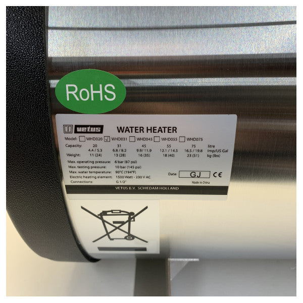 Vetus WHD031 Boiler 1500W 31L Stainless Steel 230V