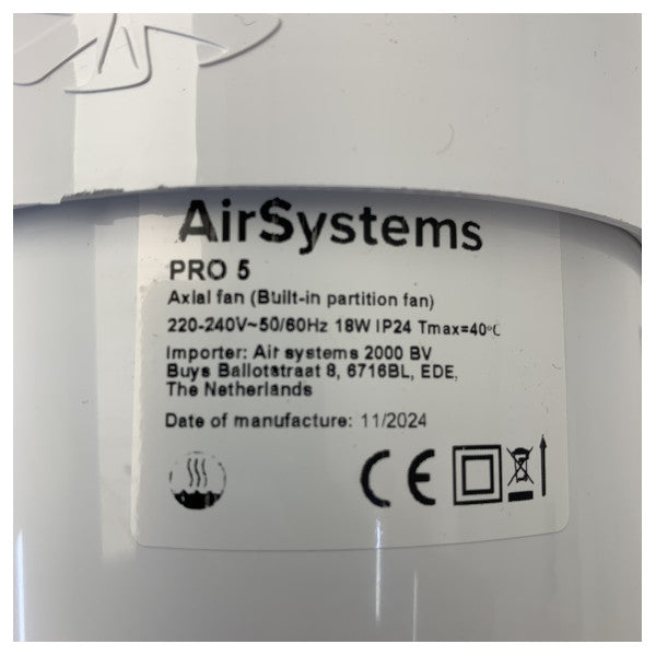 AirSystems PRO-5 Axial In-Line Ventilator 18W 230V IP24 Weiß