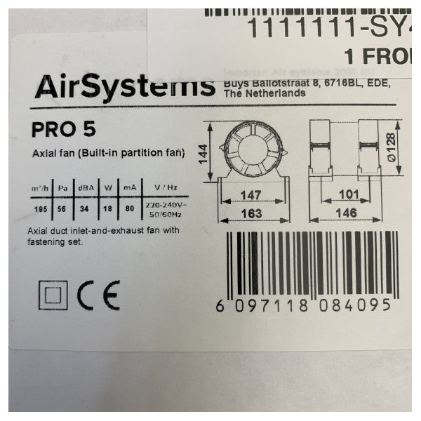 AirSystems PRO-5 Axial In-Line Ventilator 18W 230V IP24 Weiß
