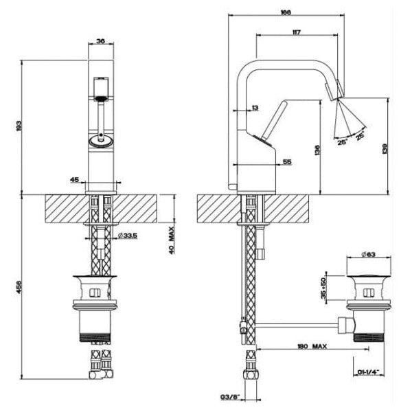 Gessi Rettangolo XL Черна смесителна батерия за умивалник Резервни части 26107.299 с гъвкави маркучи от неръждаема стомана
