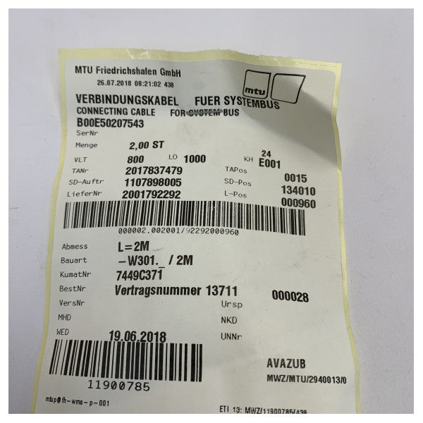 MTU B00E50207543 Sistem Otobüsü Bağlantı Kablosu