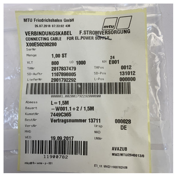 EL電源エンジン用のMTU X00E50208280接続ケーブル