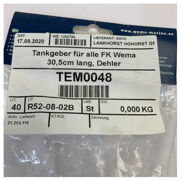 Wema rostfritt stål tanknivåsensor 305 mm S3H 230 - 30 Ohm - 126712