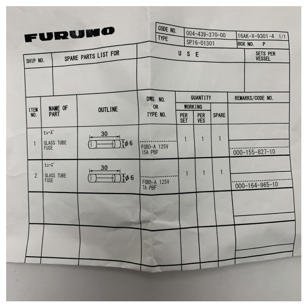 Furuno SP16-01301 Marin glas säkring 125V 7A/15A för Felcom18