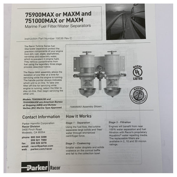 Filtre à carburant double Parker Racor 751000MAXM avec séparateur d'eau - 30 microns
