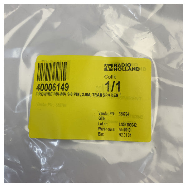 FireWire Data Cable 9-pin to 6-pin (MA-MA) - 2.0 Meter - Transparent