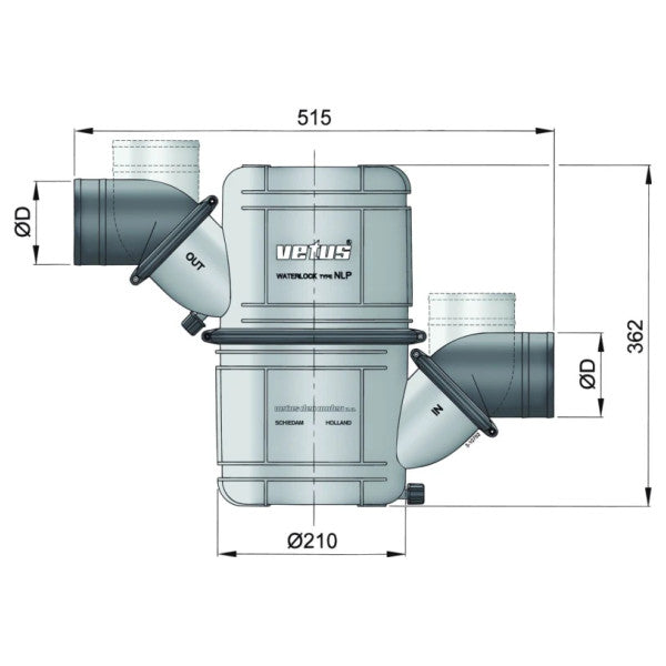 Vetus NLP50S Uitlaat Waterlock en Demper voor 50/51mm Uitlaat Slang