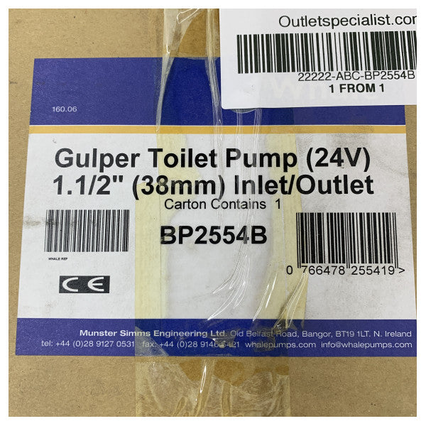 Pompa per acqua nera Whale Gulper 24V - BP2554B - 25 / 38mm / 18L/min