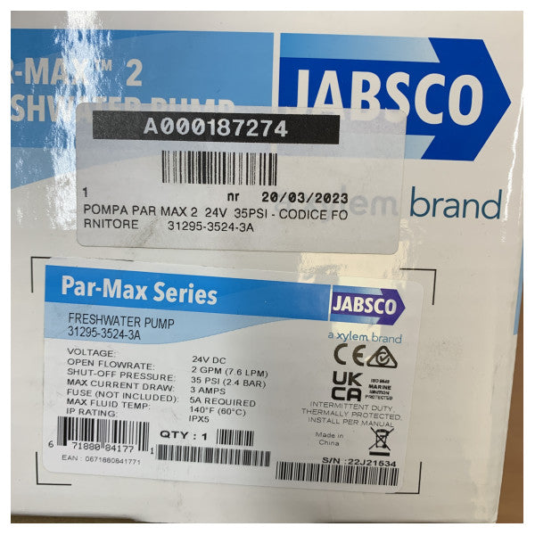Jabsco Par-Max 2 Tatlı Su Pompası 24V 35PSI 7.6L/dak - 31295-3524-3A
