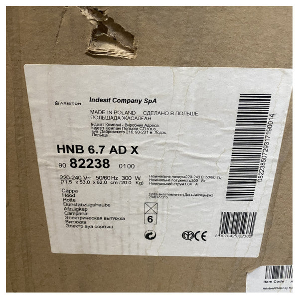 Ariston 60CM chimney type cooker hood HNB-6.7-ADX - silver