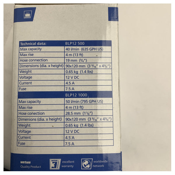 Трюмна помпа Vetus BLP121000 3800L/h 12V
