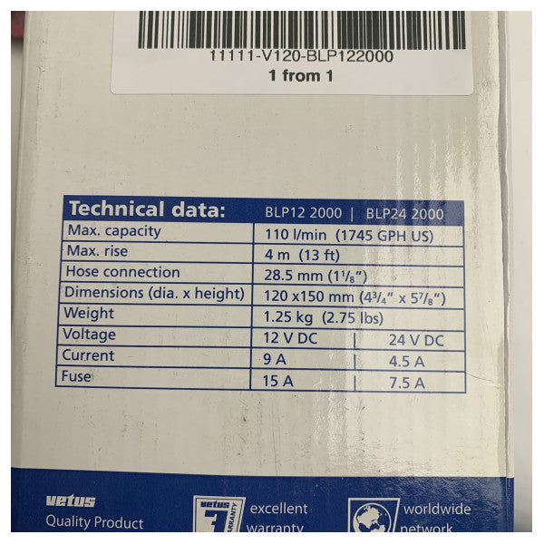 Bomba de esgoto Vetus BLP122000 7600 L/hora 12V