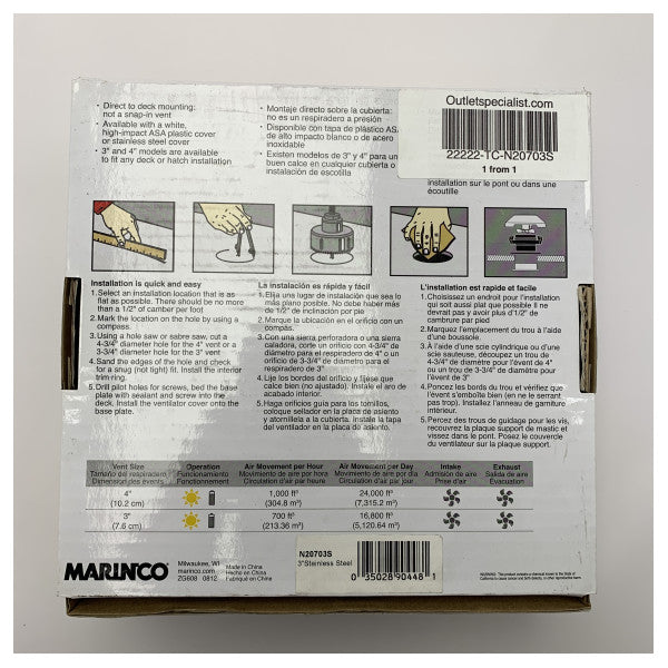 Marinco 3-tommers solventilator i rustfrit stål til dag og nat - N20703S