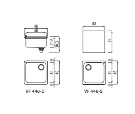 Alpes 446-D inox ankastre kare lavabo 45 x 45cm sağ gider