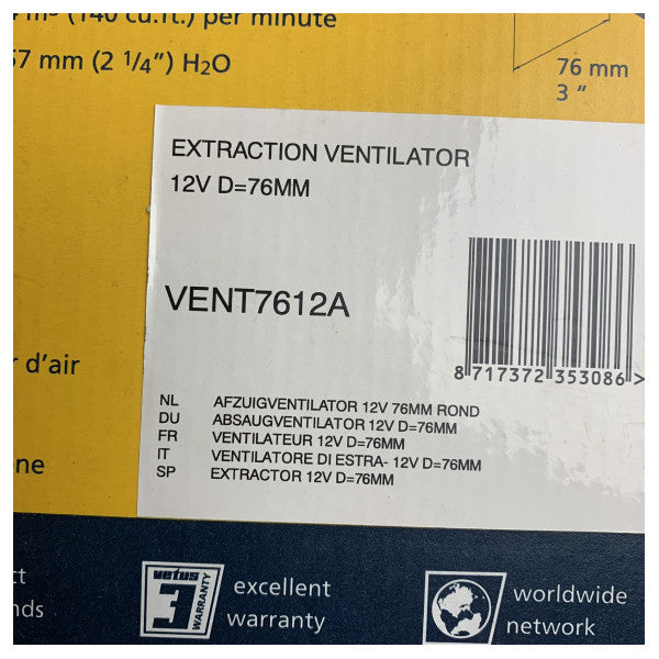 Vetus VENT7612A sort motorrumsventilator D76 mm 12V