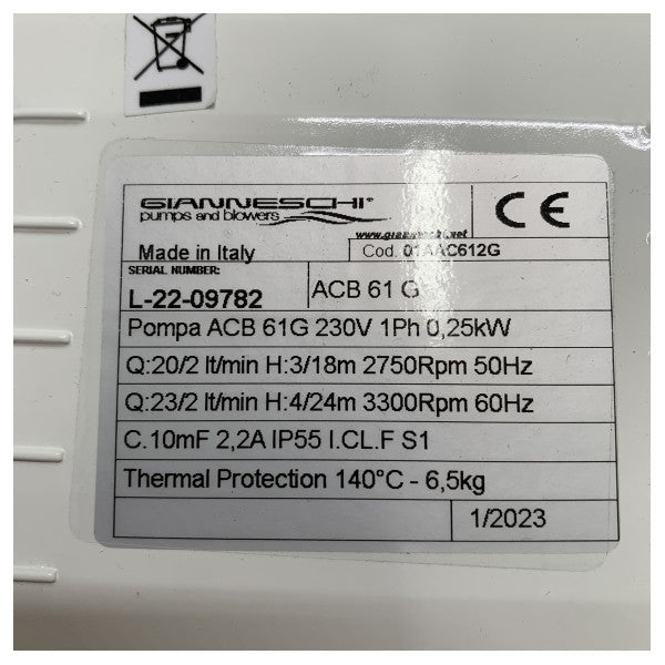 Gianneschi Webasto WB500G pompa acqua raffreddamento aria condizionata 30L/min 230V - WBCL001305A