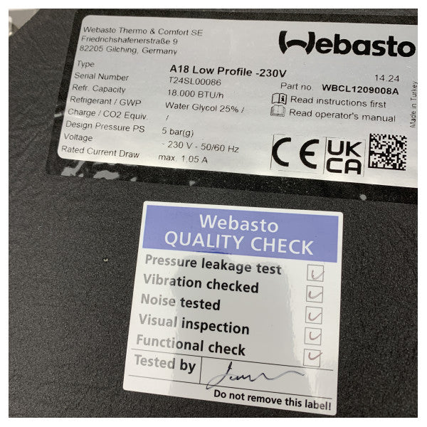 Webasto A18 18000 btu matalaprofiilinen ilmankäsittelykone - 230V - 50/60Hz - WBCL1209008A - WBCL1209008A