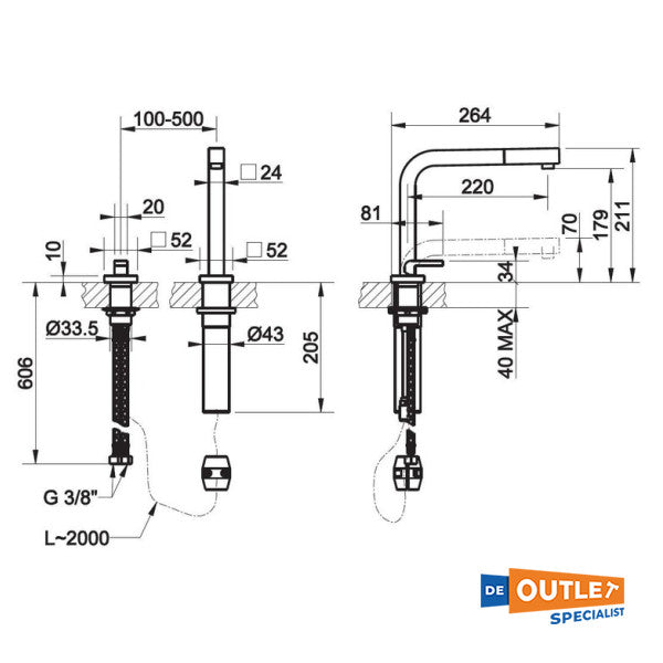 Gessi Single Liver Chrome Kitchen Tab Adjustable Hot | Cold - 17423-031