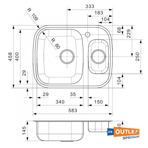 Reginox Morena RVS spoelbak inclusief restbakje 583 x 458 mm opbouw