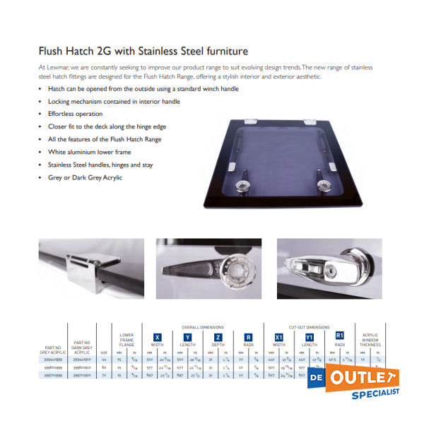 Lewmar flush 2G 70 hatch 697 x 697 mm with stainless steel - 30294600