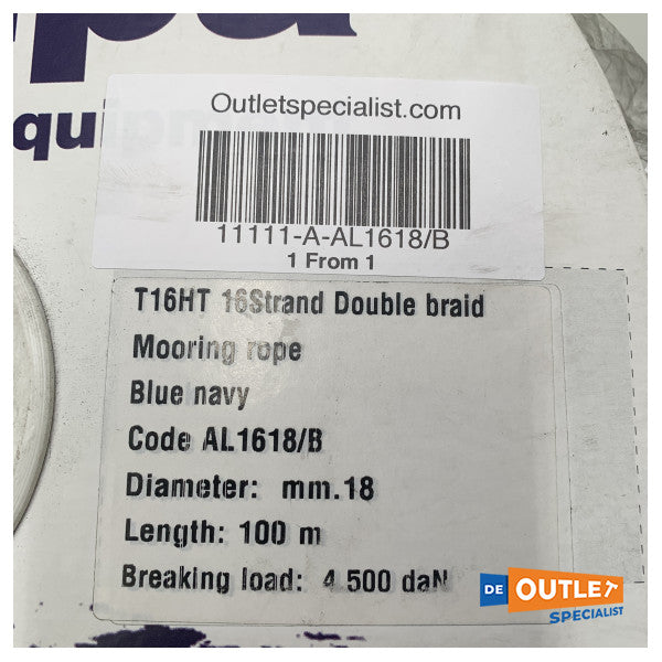 ローラーアルパダブルブレイド係留ロープ 18 mm - 100 m ブルーネイビー
