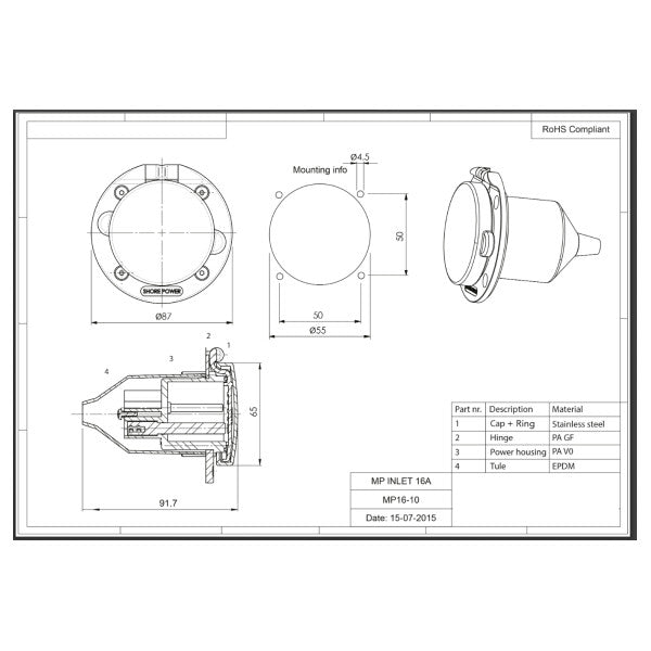 Ratio Electric MP16-B 16 AMP Connexion d'alimentation de la côte noire
