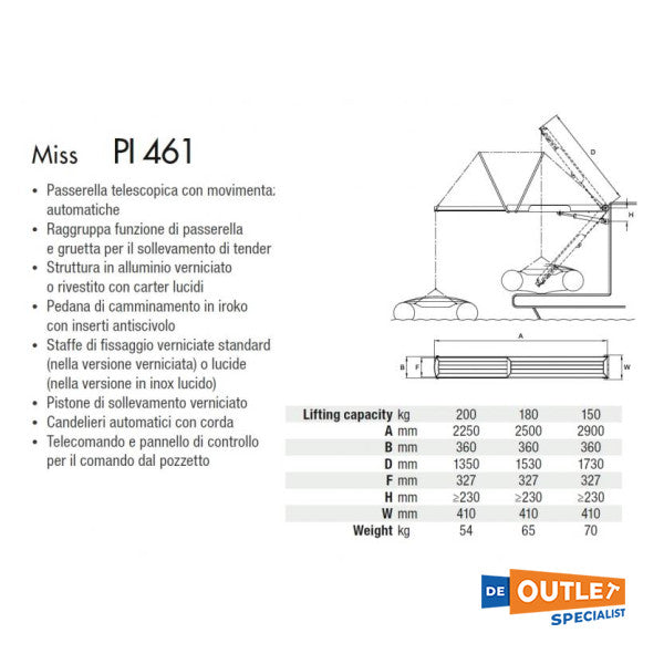 Bessenzoni PI461 Gang hydraulique en acier inoxydable 225 cm 200 kg 12V