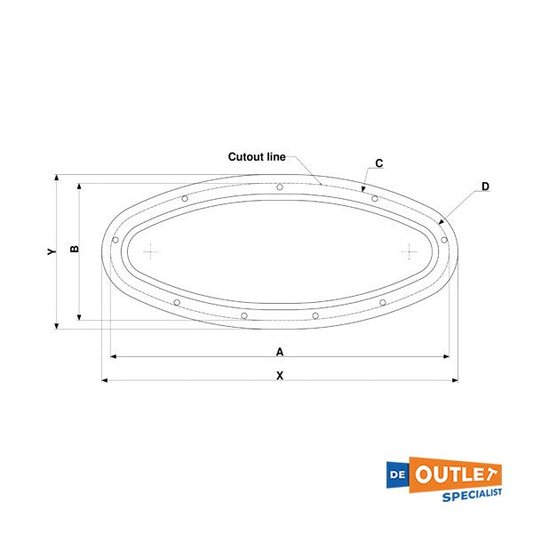 Vigia de aço inoxidável Rutgerson com abertura de 485 x 225 mm - A3330-220M