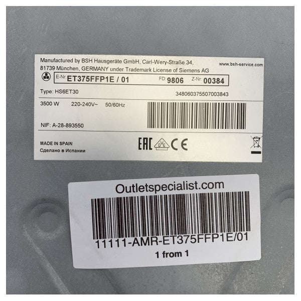 BRUGT Siemens dual 30 cm domino induktionskogeplade - ET375FFP1E/01