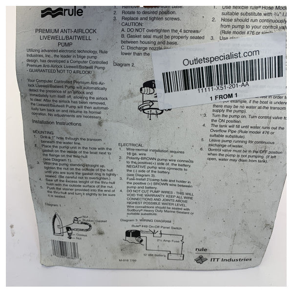 Rule 500 GPH levende brønn-aeratorpumpe 90 grader - Marine lensepumpe 201-AA 