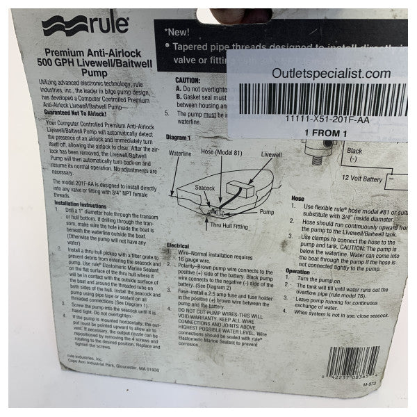 Rule 500 GPH Rule Premium Anti-Airlock Livewell/Baitwell-Pumpe- -201F-AA 