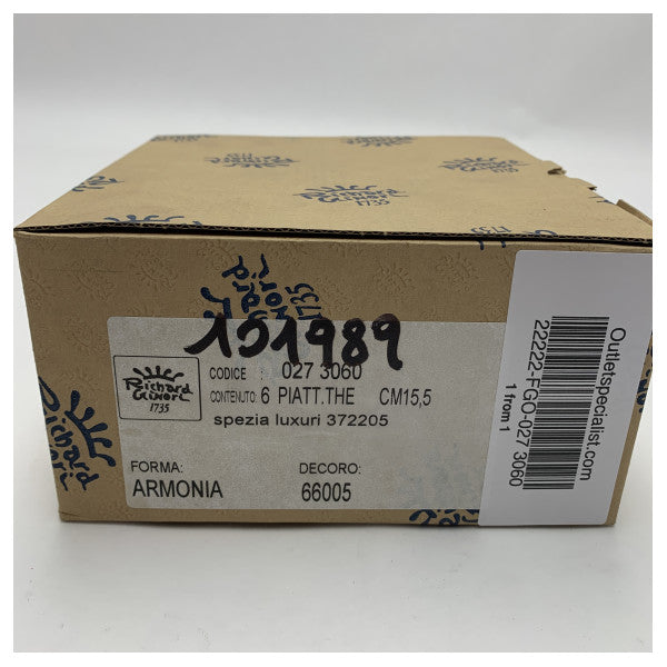 Riva Richard Genori 6 valkoisen keraamisen lautasen setti sinisellä reunalla - kestävät merenkulun astiat veneisiin ja huvialuksiin.